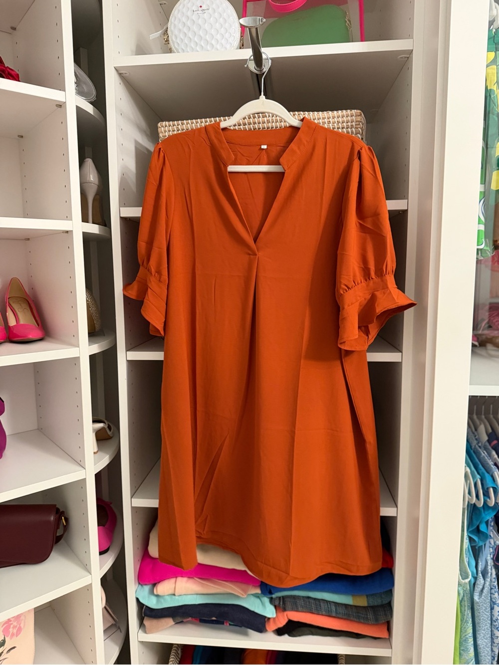 Rust Orange Ruffle Sleeve V-Neck Tunic Dress – Flowy A-Line